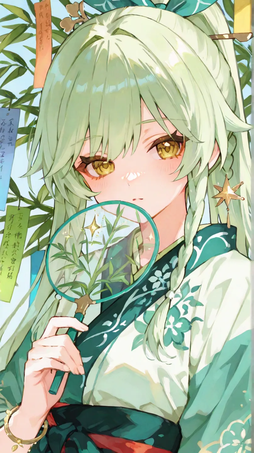 A soft and cute anime-style girl wearing a pastel green and white ta-style outfit inspired by Sendai’s Tanabata Festival. Light green semi-long hair with small braids, gentle round orange eyes. Accessories include a zunda mochi-themed ribbon at the waist, a kamaboko hairpin, and an oyster motif bracelet. Holding a transparent fan with a scene of Matsushima inside. Small and soft impression. Background is a dreamy mix of Tanabata decorations and golden sparkles. Genshin/VTuber-style, hand-drawn anime look, close-up from face to upper body, cool and green tones with some space above the head.