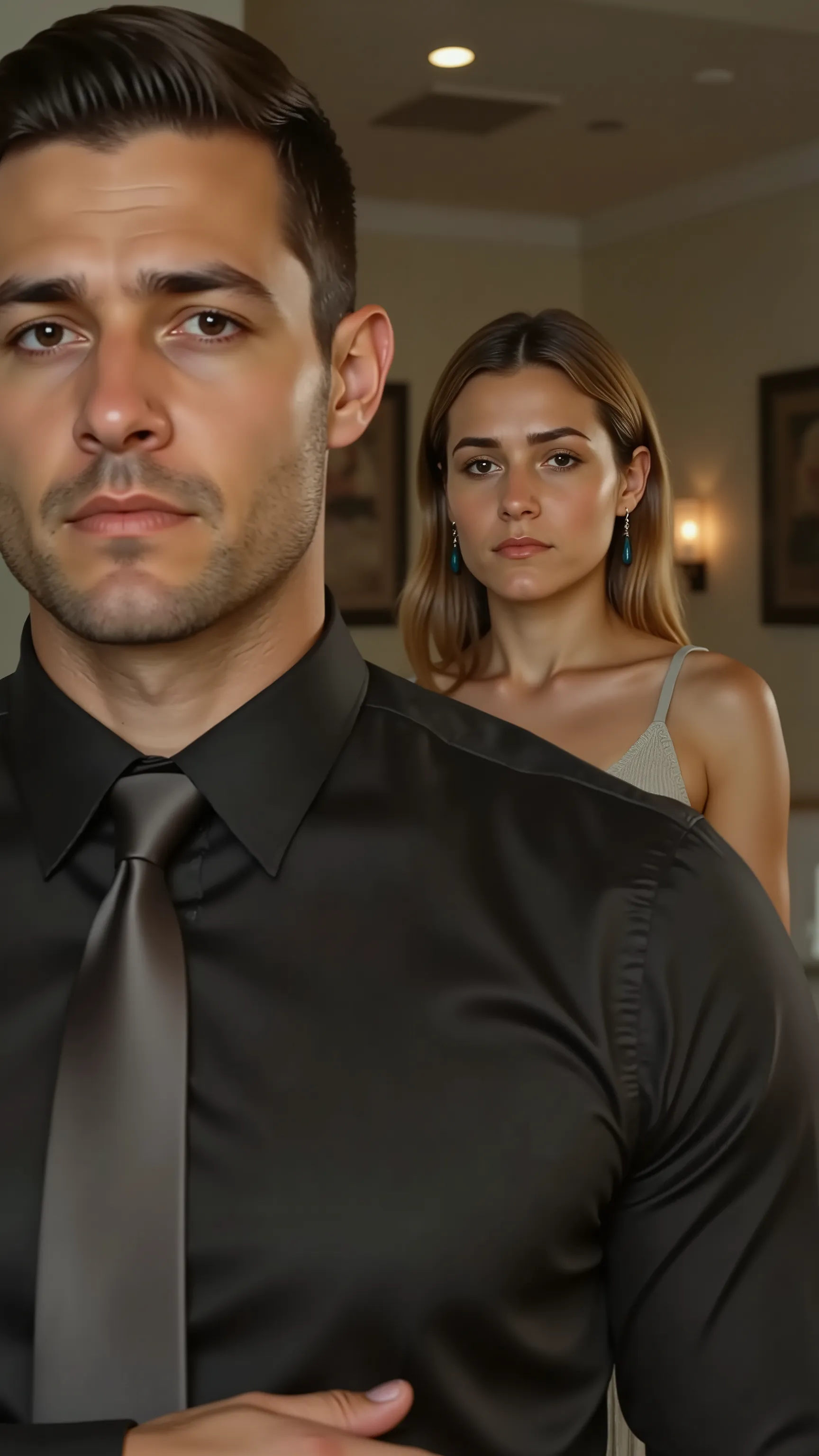 A composition with two characters both facing directly toward the camera in a bright, predominantly white interior setting. In the foreground on the left side stands a 30-year-old muscular male (Character 3) with black short hair, side-parted pompadour sty...
