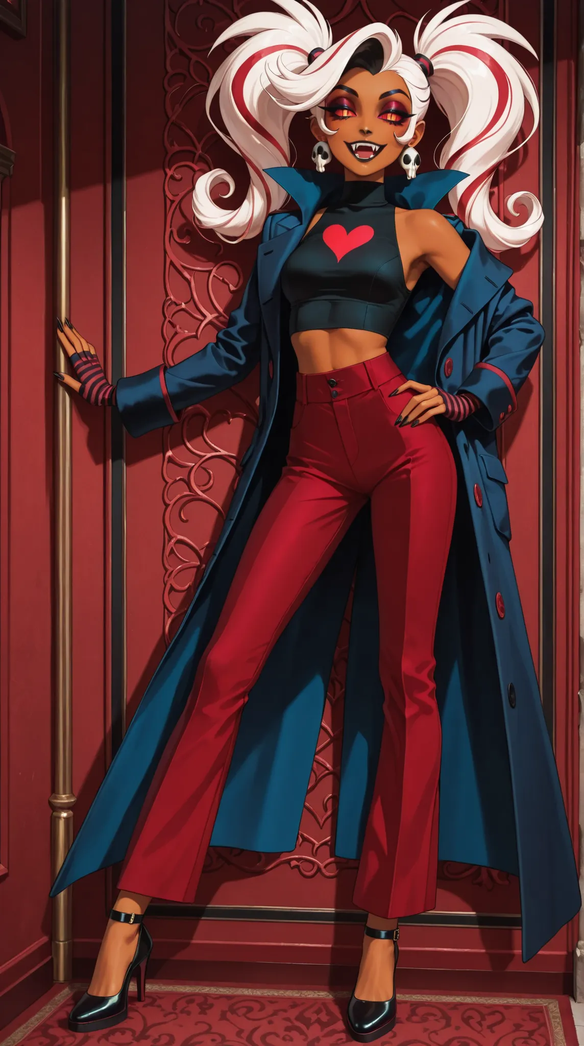 1girl, Velvette (hazbin hotel),long red curly hair styled in twintails with dark navy-blue inner streaks and white highlights, bangs, brown skin skin, red sclera with white irises, slit pupils, makeup, burgundy eyeshadow, black lipstick, fangs, sleeveles...