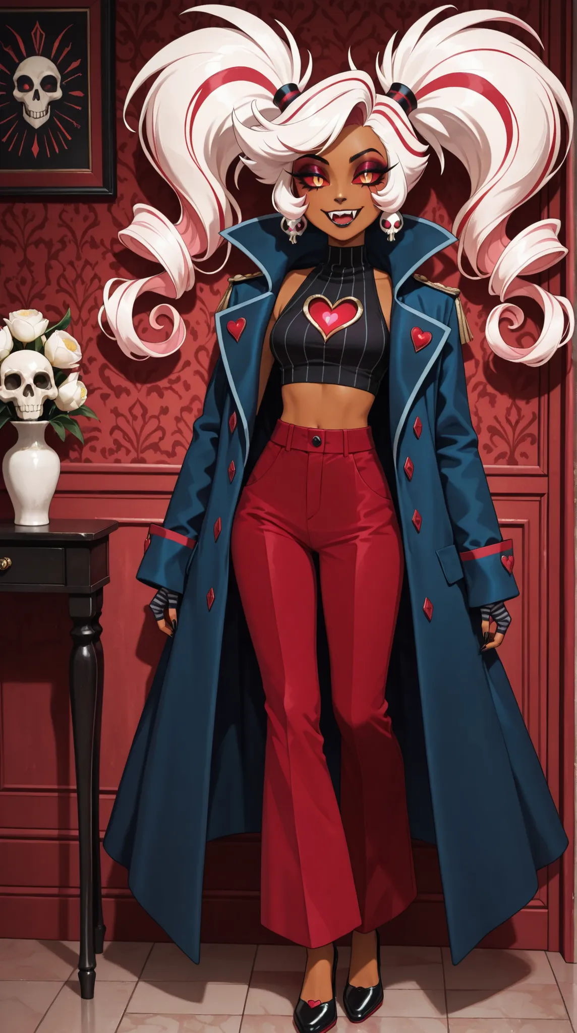 1girl, Velvette (hazbin hotel),long red curly hair styled in twintails with dark navy-blue inner streaks and white highlights, bangs, brown skin skin, red sclera with white irises, slit pupils, makeup, burgundy eyeshadow, black lipstick, fangs, sleeveles...