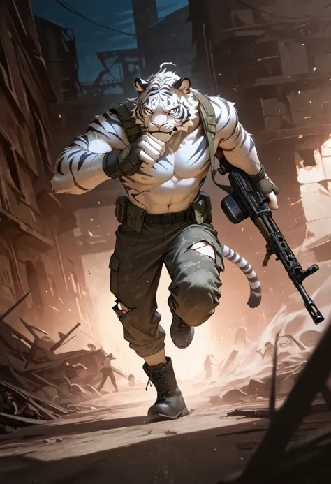 Best quality, masterpiece,ultra high res,detailed background,realistic, real shadow and light,depth of field, looking at the viewer, strong arm and veins, commission for high res, anthropomorphi there's a white tiger furry, white tiger, military, army, mil...