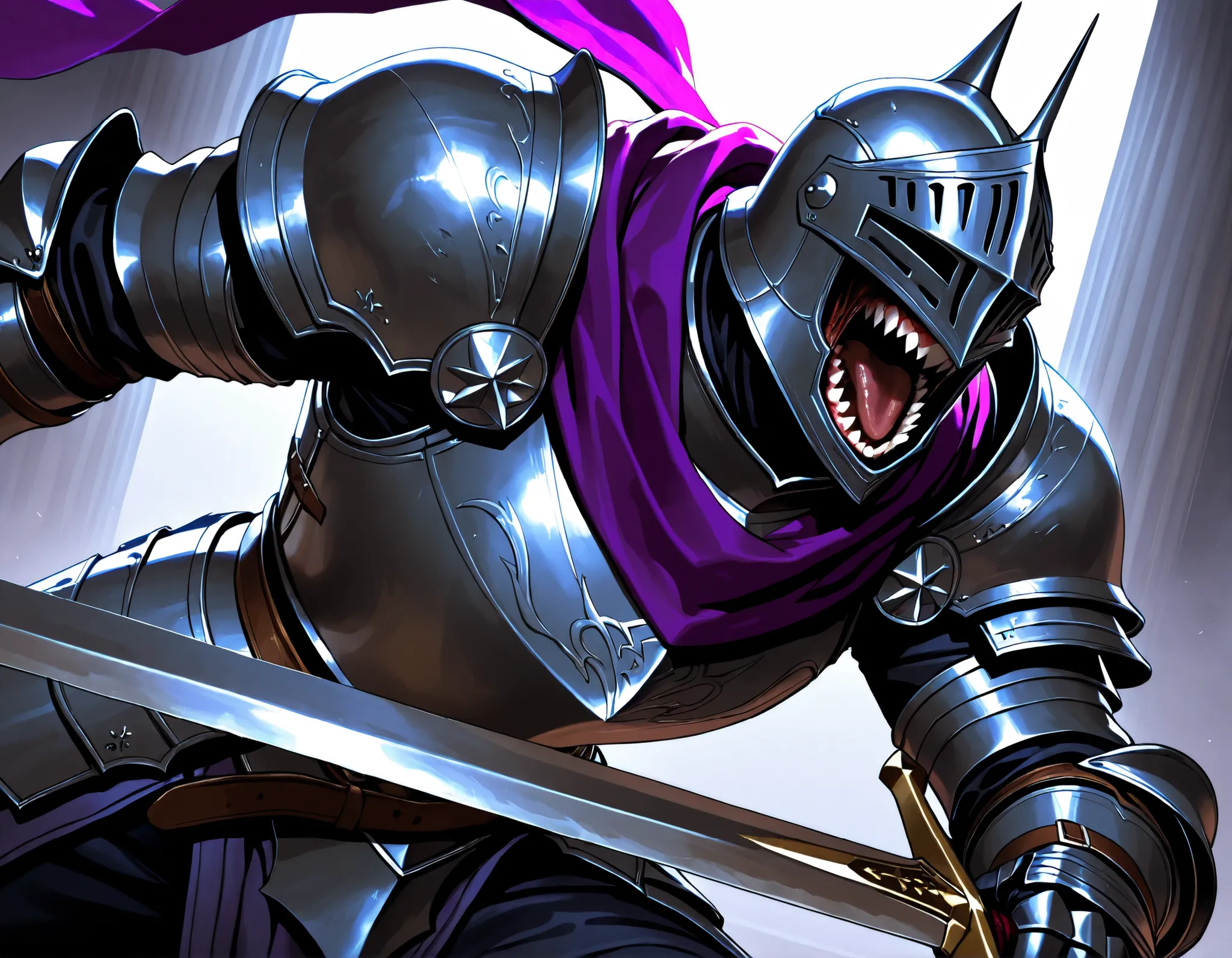 horror_(theme), 1other, armor, breastplace, full armor, gauntlets, helm, helmet, holding, holding weapon, knight, open mouth, pauldrons, plate armor, sharp teeth, shoulder armor, solo, sword, teeth, weapon, purple scarf BREAK , masterpiece, best quality, h...