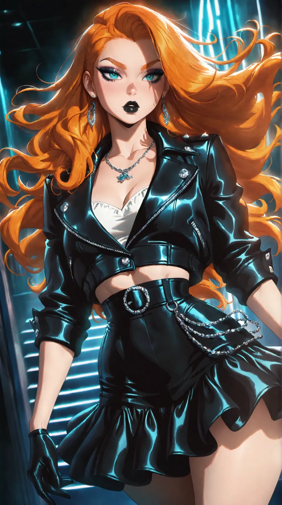 (TangoBat:0.7),(Sakimichan:0.7), 1girl, solo, long hair, ginger hair, aqua eyes, makeup, black lips, lipstick, mascara, eyeshadow, necklace, black crop jean jacket, gloves, black ruffled skirt, fashionable attire, dynamic angle, side lighting,masterpiece, ...