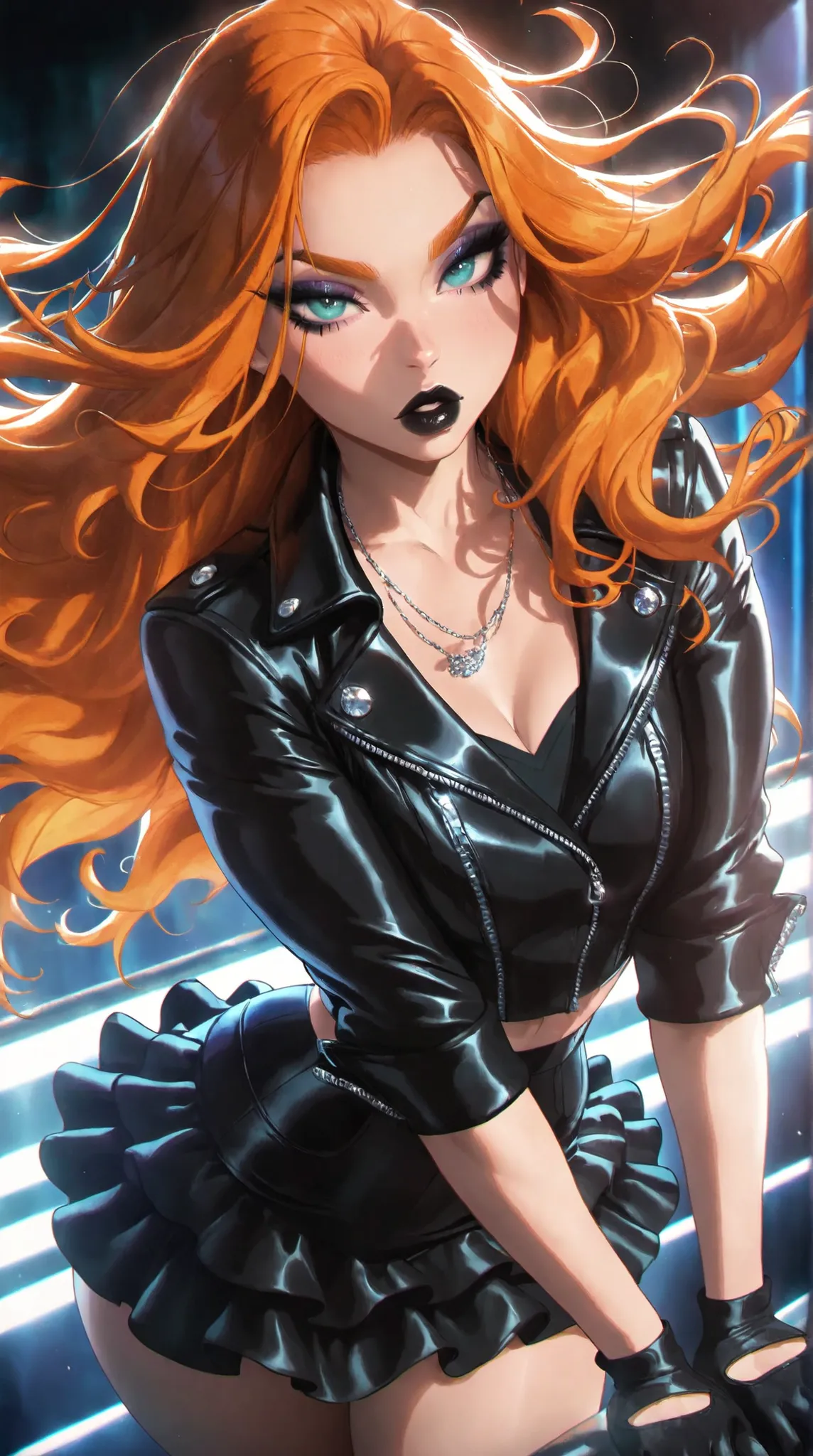 (TangoBat:0.7),(Sakimichan:0.7), 1girl, solo, long hair, ginger hair, aqua eyes, makeup, black lips, lipstick, mascara, eyeshadow, necklace, black crop jean jacket, gloves, black ruffled skirt, fashionable attire, dynamic angle, side lighting,masterpiece, ...