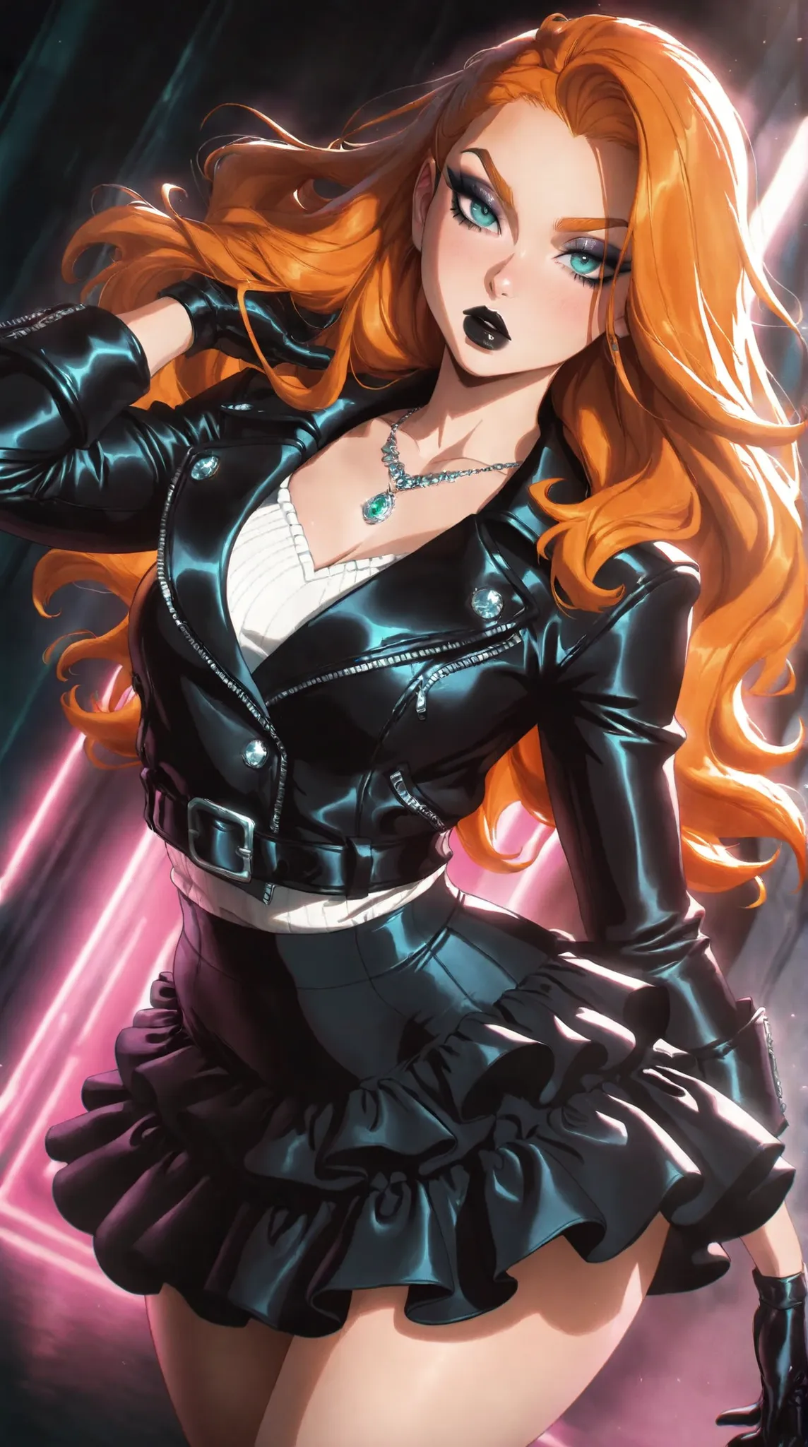 (TangoBat:0.7),(Sakimichan:0.7), 1girl, solo, long hair, ginger hair, aqua eyes, makeup, black lips, lipstick, mascara, eyeshadow, necklace, black crop jean jacket, gloves, black ruffled skirt, fashionable attire, dynamic angle, side lighting,masterpiece, ...