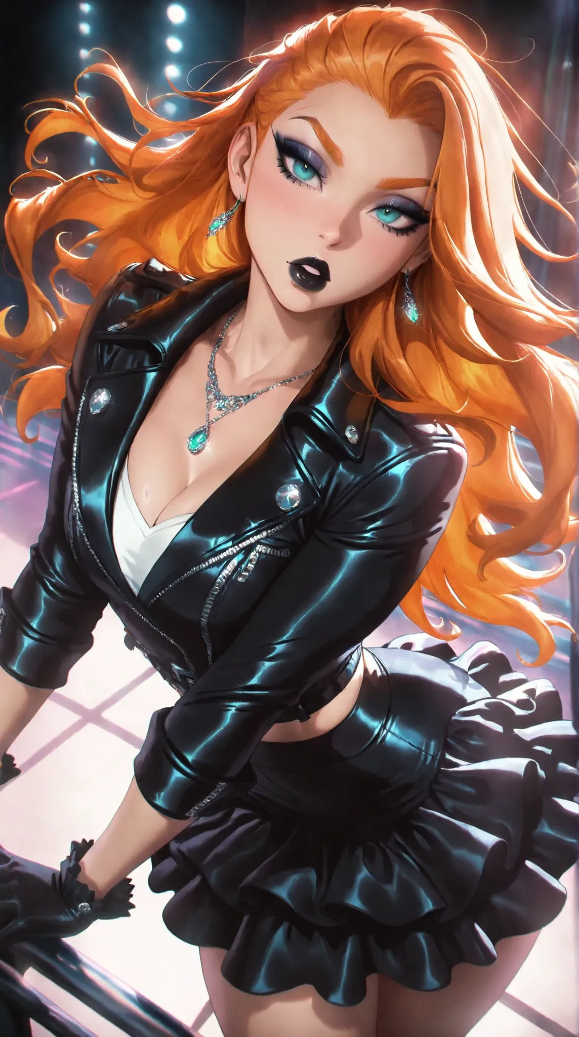 (TangoBat:0.7),(Sakimichan:0.7), 1girl, solo, long hair, ginger hair, aqua eyes, makeup, black lips, lipstick, mascara, eyeshadow, necklace, black crop jean jacket, gloves, black ruffled skirt, fashionable attire, dynamic angle, side lighting,masterpiece, ...