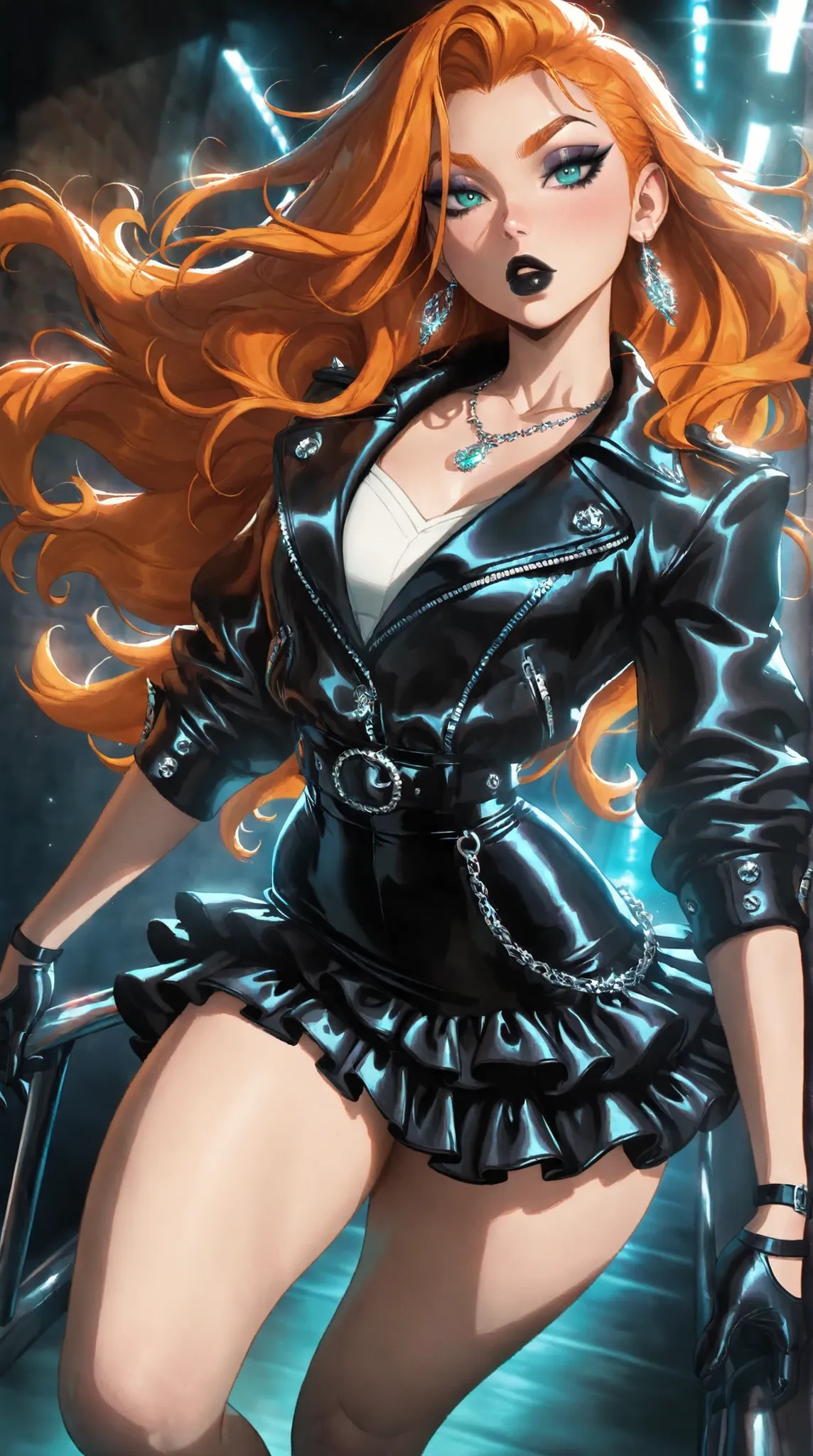 (TangoBat:0.7),(Sakimichan:0.7), 1girl, solo, long hair, ginger hair, aqua eyes, makeup, black lips, lipstick, mascara, eyeshadow, necklace, black crop jean jacket, gloves, black ruffled skirt, fashionable attire, dynamic angle, side lighting,masterpiece, ...