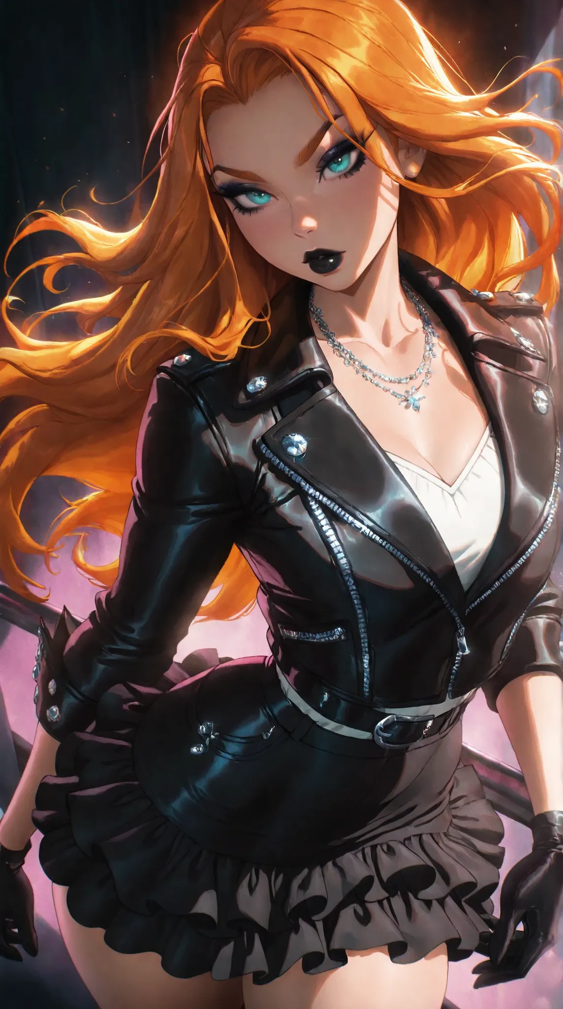 (TangoBat:0.7),(Sakimichan:0.7), 1girl, solo, long hair, ginger hair, aqua eyes, makeup, black lips, lipstick, mascara, eyeshadow, necklace, black crop jean jacket, gloves, black ruffled skirt, fashionable attire, dynamic angle, side lighting,masterpiece, ...