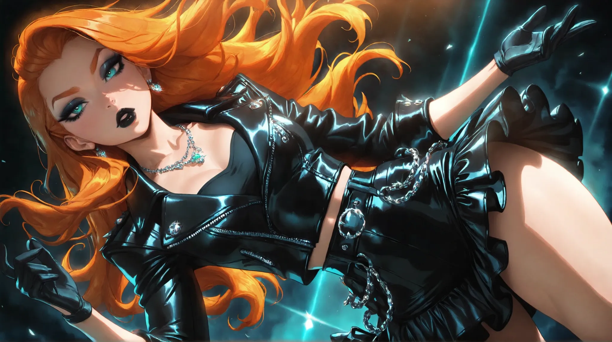 (TangoBat:0.7),(Sakimichan:0.7), 1girl, solo, long hair, ginger hair, aqua eyes, makeup, black lips, lipstick, mascara, eyeshadow, necklace, black crop jean jacket, gloves, black ruffled skirt, fashionable attire, dynamic angle, side lighting,masterpiece, ...