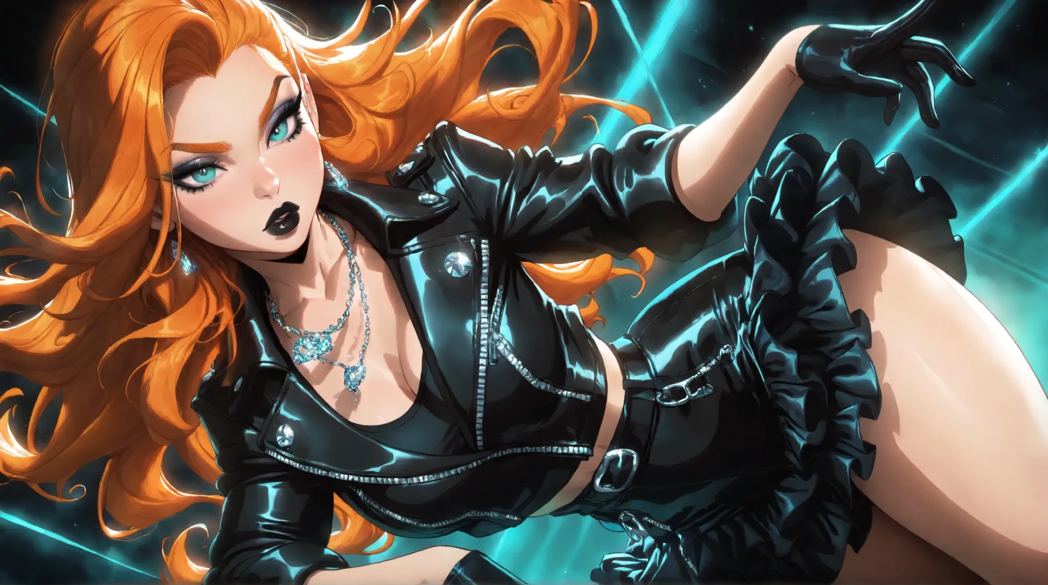 (TangoBat:0.7),(Sakimichan:0.7), 1girl, solo, long hair, ginger hair, aqua eyes, makeup, black lips, lipstick, mascara, eyeshadow, necklace, black crop jean jacket, gloves, black ruffled skirt, fashionable attire, dynamic angle, side lighting,masterpiece, ...