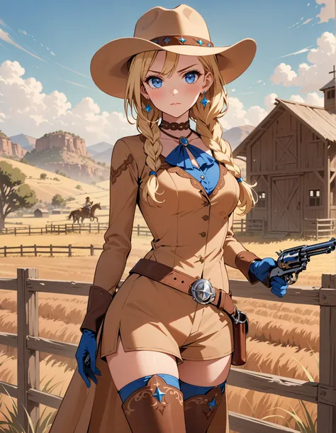 This image depicts a high-quality and high-resolution masterpiece featuring a single girl. She has a tall body, blonde hair styled in a braid, and striking blue eyes. The character is wearing a light brown costume with thigh-high boots, a choker, earrings,...