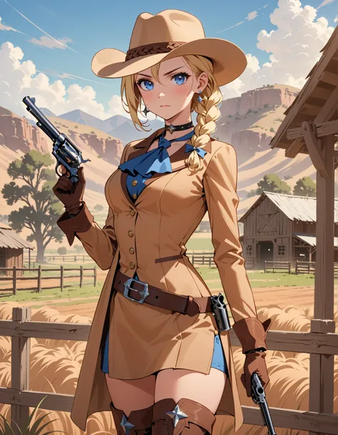 This image depicts a high-quality and high-resolution masterpiece featuring a single girl. She has a tall body, blonde hair styled in a braid, and striking blue eyes. The character is wearing a light brown costume with thigh-high boots, a choker, earrings,...