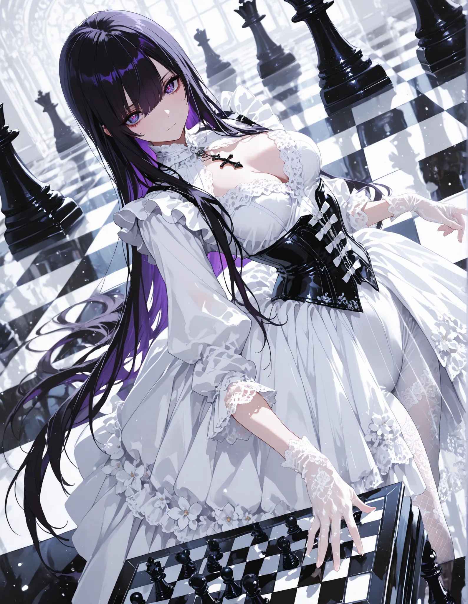 1 woman, sharp purple eyes , multicolored eyes , hair between eyes , long side bangs , black hair with fine purple strands , very long hair , medium breasts , cool, beautiful,Standing
solo, Victorian Gothic, BREAK masterpiece, highly detailed, big eyes, d...