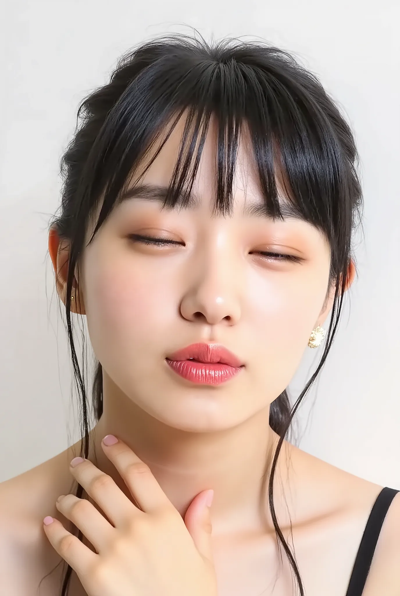 beautiful young woman, eyes closed, euphoric smile, extremely puckered lips, lips pushed far forward, tight kissy mouth, lips forming a sharp O-shape, exaggerated kiss face, heart-shaped lips, ultra glossy pink lips, flushed cheeks, ears blushing, black ca...