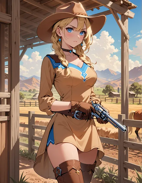 This image depicts a high-quality and high-resolution masterpiece featuring a single girl. She has a tall body, blonde hair styled in a braid, and striking blue eyes. The character is wearing a light brown costume with thigh-high boots, a choker, earrings,...