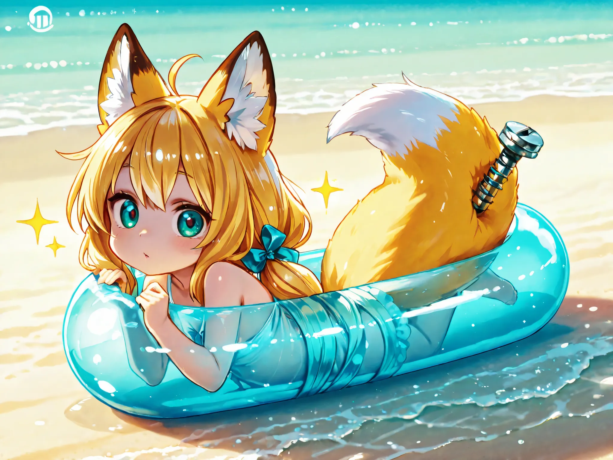 A fox girl playing in the beautiful seawater by the beach.,She has cute sparkles,, her hair tied up in a corkscrew,The gentle morning sun makes her fox fur shine Glittering,The clear, clean sea water reflects her shadow like a dream picture in a fairy tal...