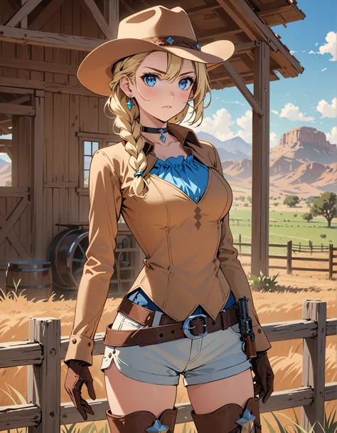 This image depicts a high-quality and high-resolution masterpiece featuring a single girl. She has a tall body, blonde hair styled in a braid, and striking blue eyes. The character is wearing a light brown costume with shorts, thigh-high boots, a choker, e...