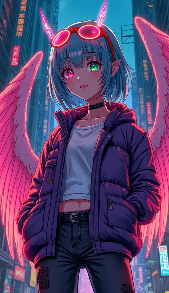A masterpiece of manga stylization(1)Evangelion-inspired image、「A lonely portrait of a winged angel girl」。She is surrounded by vibrant colors、A cityscape in the background。Dressed in cyberpunk streetwear with neon accents, Angel Girl、Her red and green eyes sparkle、Her pink lips accentuate her cuteness。 she says 、A metropolis like The Fifth Element、She has a captivating smile、She is staring straight at the gazer。 This illustration has 、A breathtakingly realistic artwork