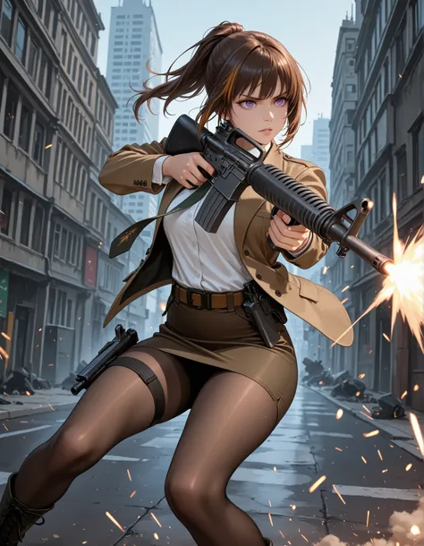 masterpiece, best quality, high res, 1girl, brown hair, short hair, ponytail, (aiming and firing an assault rifle, finger on trigger, gun, rifle, holding m16, c-m16, m16a2:1, holding, holding gun, holding weapon, trigger discipline, muzzle flash, shell eje...