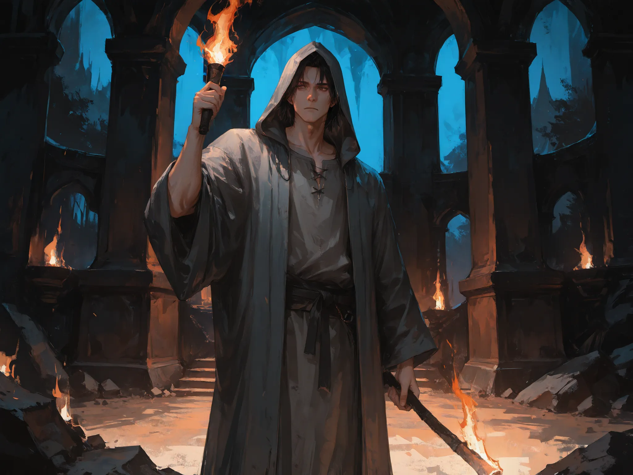 medium shot, front shot, makes an aesthetic, Master piece, Best Quality, ultra detailed, a handsome (man:1.6), man, solo, (male:1.6) short Hair, black hair, beautiful brown eyes, toned, grey shirts, long robe, hood up, standing, hand up, holding a flaming...