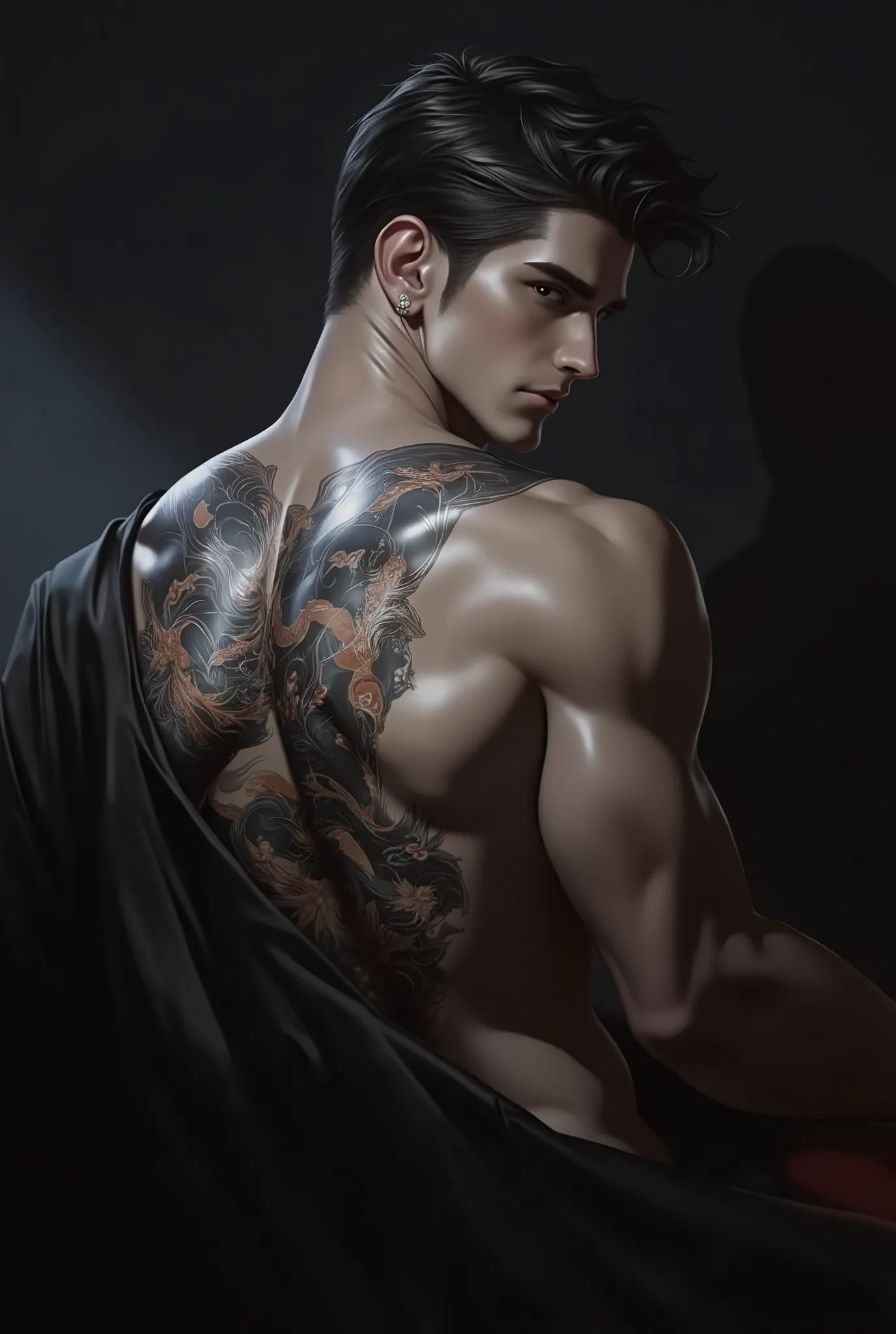 Sexy brunette man with samurai tattoo on his back