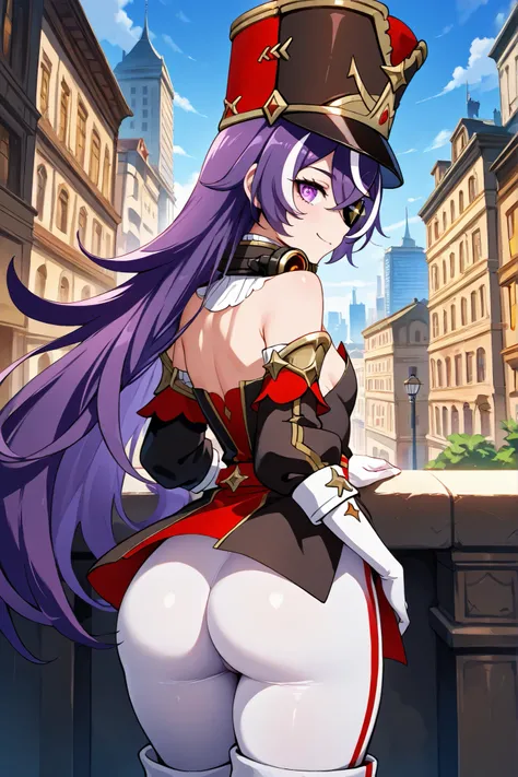 masterpiece, Top quality, solo, Curvy, beautiful eyes,, zzChevreuse, PURPLE EYES, hair between the eyes, Long Hair, multicolored hair, purple hair, striped hair, white hair, has, earmuffs, eye patch, bare shoulder, Gold trim, white Butt under pants, Butt u...