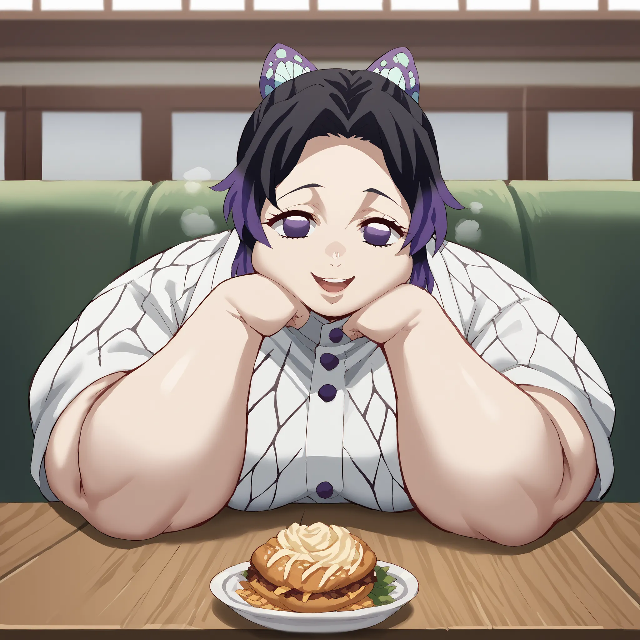 score_9, score_8_up, score_7_up, source_anime, shinobu kochou, animal print, black hair, butterfly, butterfly hair ornament, butterfly print, forehead, gradient hair, hair ornament, haori, multicolored hair, parted bangs, purple hair, short hair, two-tone ...