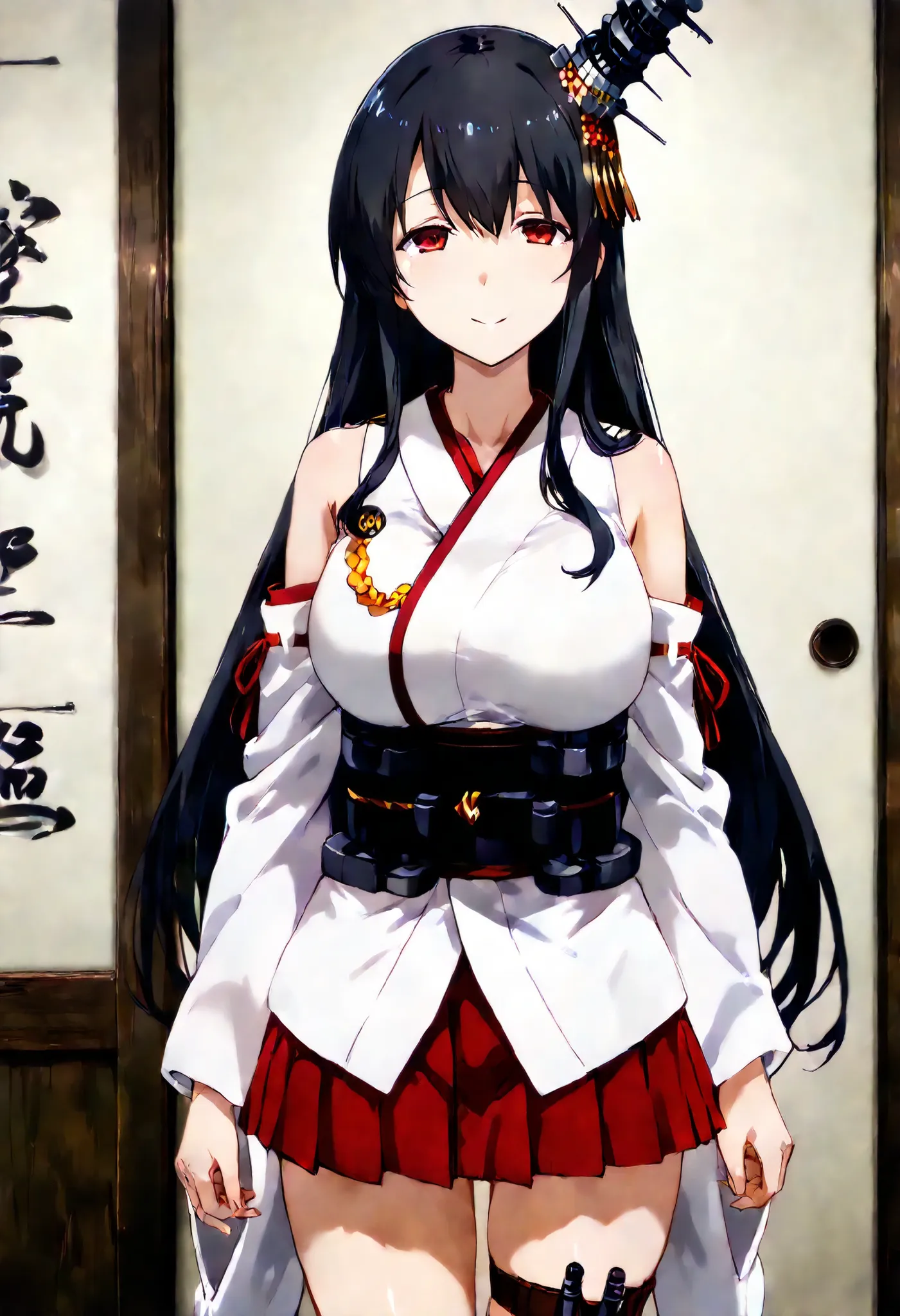 Fusou (Kantai Collection))
one girl, solos, Disgusting Smile, false smile,
fusou-kc, red eyes, long hair, black hair, hair ornament, headgear, fusou-n-kc, japanese clothes, nontraditional miko, bare shoulders, fusou-sleeves, detached sleeves, wide slee...