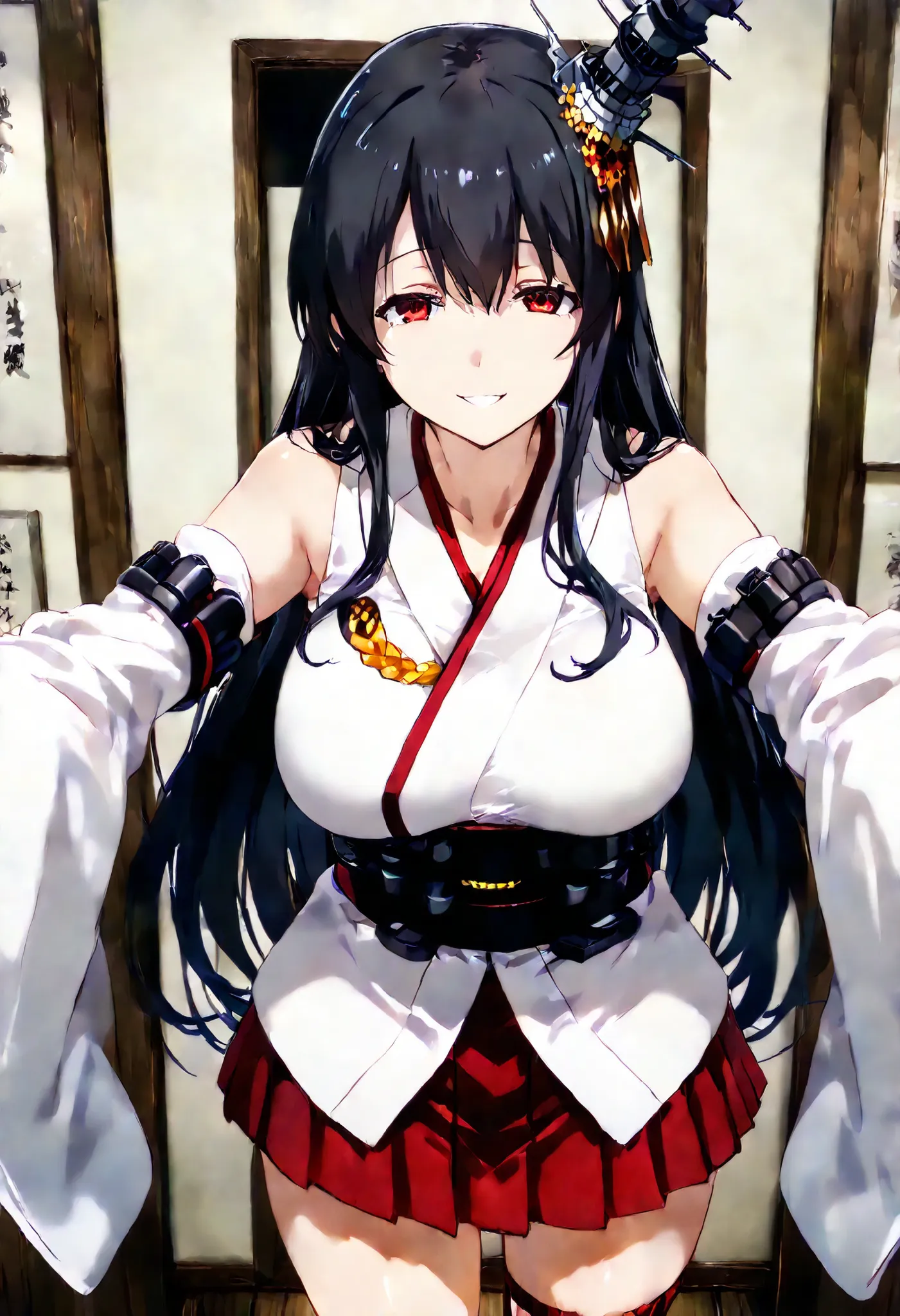 Fusou (Kantai Collection))
one girl, solos, Disgusting Smile, false smile,
fusou-kc, red eyes, long hair, black hair, hair ornament, headgear, fusou-n-kc, japanese clothes, nontraditional miko, bare shoulders, fusou-sleeves, detached sleeves, wide slee...