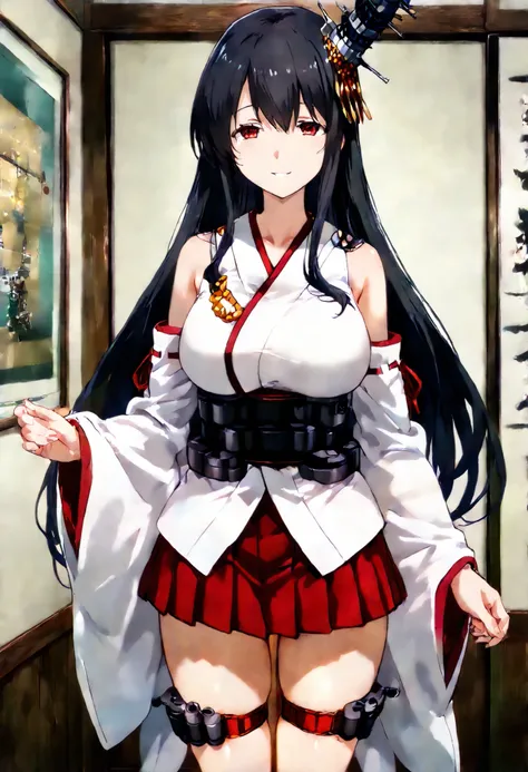 Fusou (Kantai Collection))  
one girl, solos, Disgusting Smile,   false smile,
fusou-kc, red eyes, long hair, black hair, hair ornament, headgear, fusou-n-kc, japanese clothes, nontraditional miko, bare shoulders, fusou-sleeves, detached sleeves, wide slee...