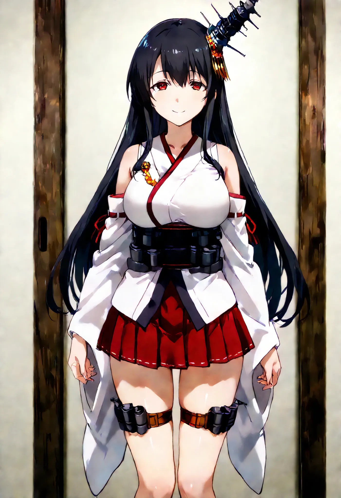 Fusou (Kantai Collection))
one girl, solos, Disgusting Smile, false smile,
fusou-kc, red eyes, long hair, black hair, hair ornament, headgear, fusou-n-kc, japanese clothes, nontraditional miko, bare shoulders, fusou-sleeves, detached sleeves, wide slee...