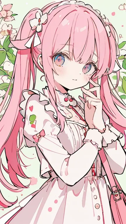 Anime-style cute girl character with fluffy pinkish-red twin tails, decorated with cherry fruit hair ornaments. Her eyes are large, round, and sparkling pink-red like ripe cherries. She wears a fruit-themed ta dress in red and white, with cherry patterns, soft frills, and a round collar ribbon. Accessories include cherry-shaped earrings, a La France (pear) charm, and a fruit basket-inspired handbag. Her expression is cheerful and a bit dreamy, smiling softly. Background features a softly blurred orchard with glowing cherries and green leaves. Hand-drawn anime style, pastel tones of red, white, and light green. Close-up from face to upper chest with space above the head.