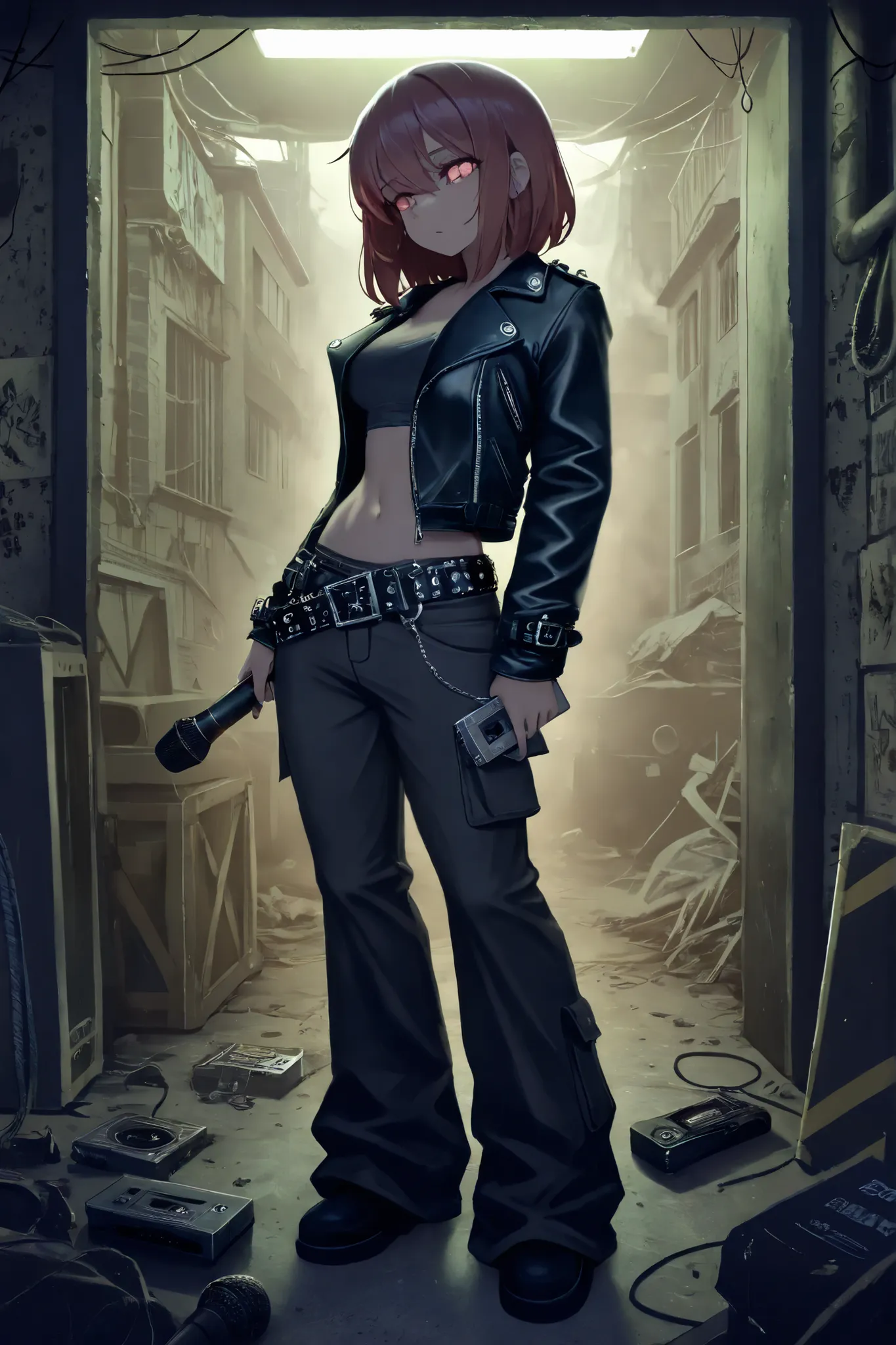 (masterpiece), (beautiful), (detailed), (postapocalypse), (atmospheric), ruined city,  darkened room, girl, sexy,  alert , leather jacket, Wide leg pants, lots of pockets , holding a flashlight, is attached to the girl's belt with the other hand holds a wi...