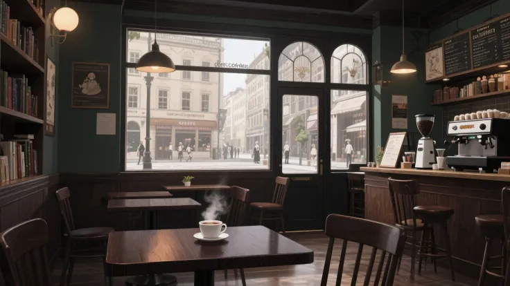 give me a picture of a European style anime coffee shop, cozy space looking out the glass window is a European street, inside the dark wooden interior creates a cozy feeling, on the table is a steaming hot coffee, dark wooden tables and chairs, there are also bookshelves, a drink ordering counter with a coffee machine and menu,.... anime style