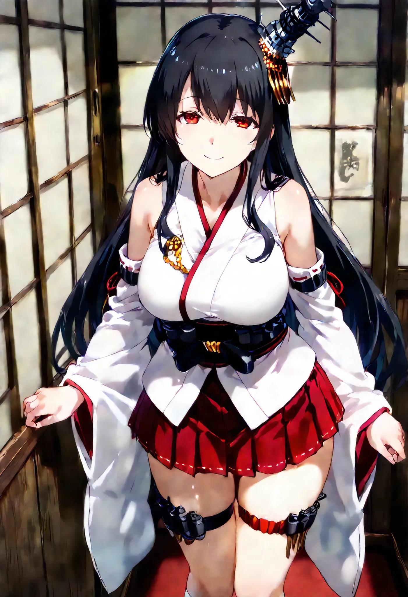 Fusou (Kantai Collection))
one girl, solos, Disgusting Smile, false smile, Glowing Skin,
fusou-kc, red eyes, long hair, black hair, hair ornament, headgear, fusou-n-kc, japanese clothes, nontraditional miko, bare shoulders, fusou-sleeves, detached sle...