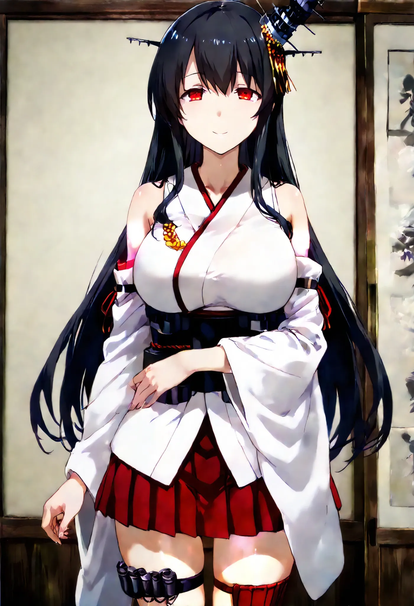 Fusou (Kantai Collection))
one girl, solos, Disgusting Smile, false smile, Glowing Skin,
fusou-kc, red eyes, long hair, black hair, hair ornament, headgear, fusou-n-kc, japanese clothes, nontraditional miko, bare shoulders, fusou-sleeves, detached sle...