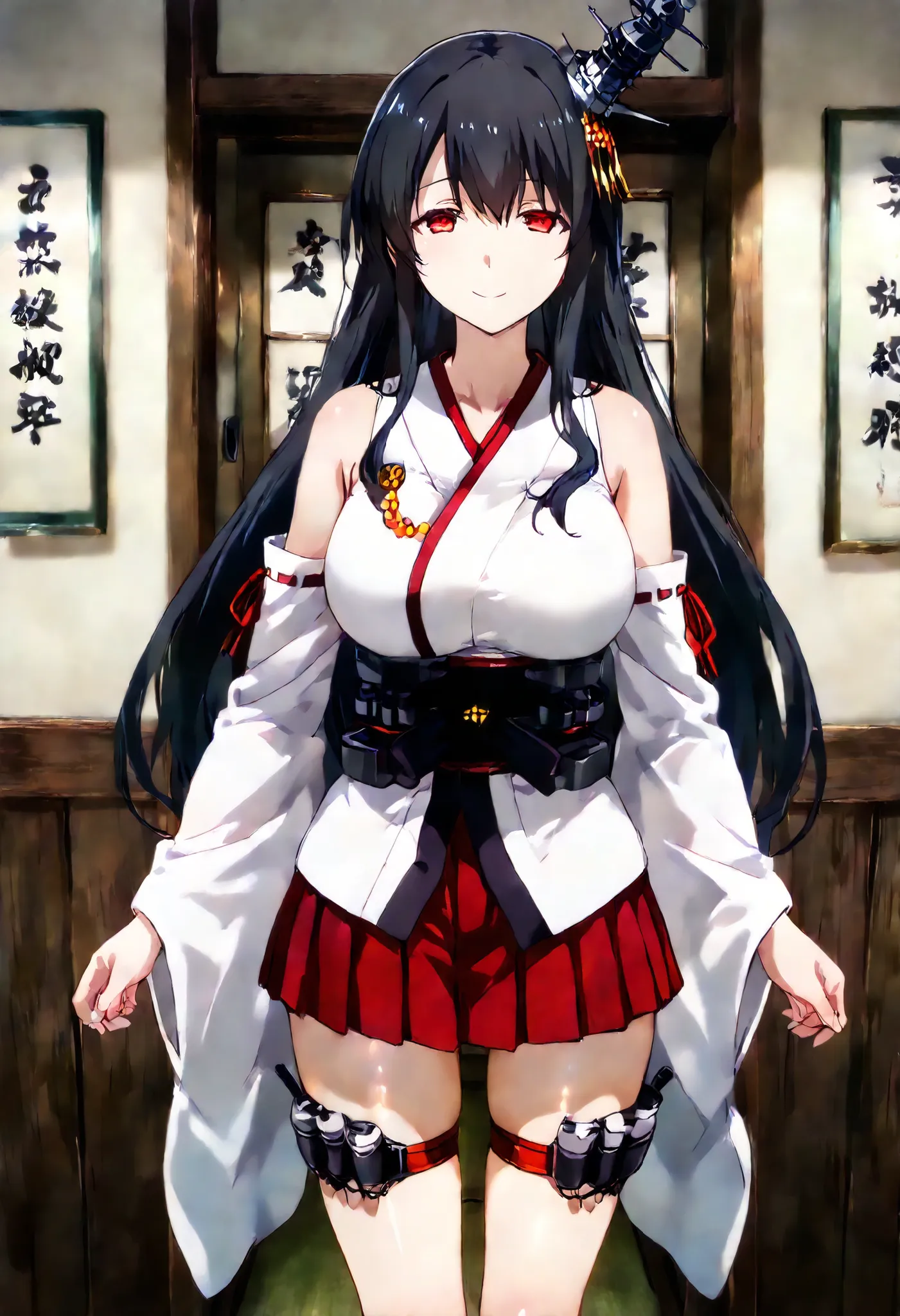 Fusou (Kantai Collection))
one girl, solos, Disgusting Smile, false smile, Glowing Skin,
fusou-kc, red eyes, long hair, black hair, hair ornament, headgear, fusou-n-kc, japanese clothes, nontraditional miko, bare shoulders, fusou-sleeves, detached sle...