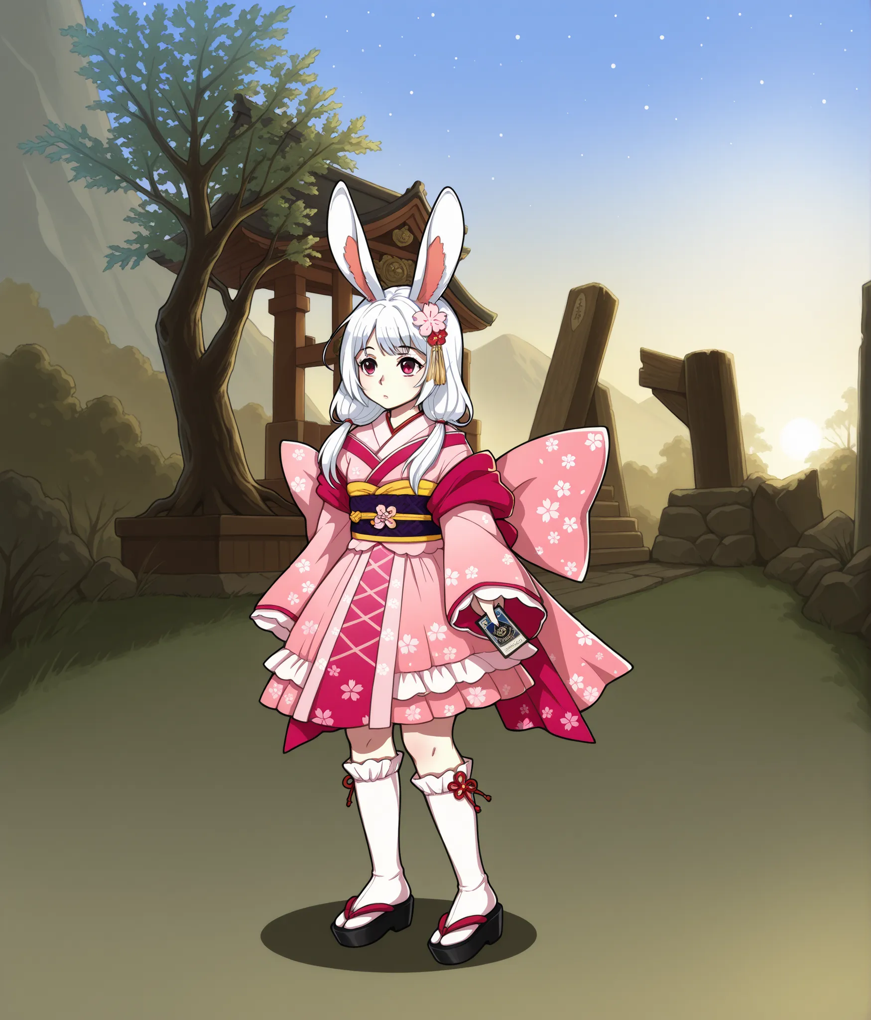 1 girl,downstairs,White hair,Rabbit ears,pink kimono dress,Sakura Kimono ,shrine girl's kimono,Tamamonomae,flirtatious , white silk socks,mid-calf socks, Tarot card background,Stars Backgrounds