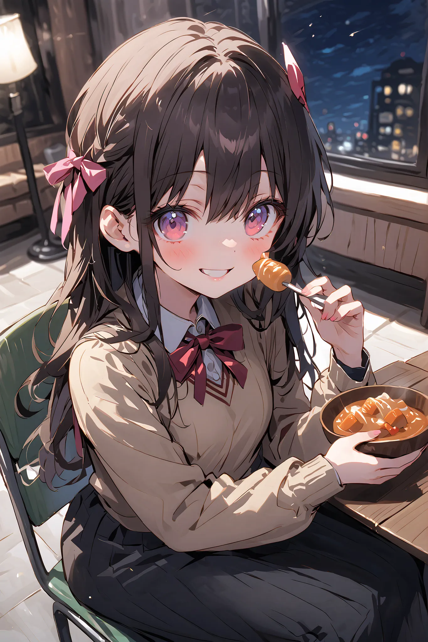 one girl、Cinematheque、Night view、uniform、dark haired、Long Hair、ribbon on head、(Elementary school student)、 feeding、Smiling、full body image、face up with ties、Sit on a chair