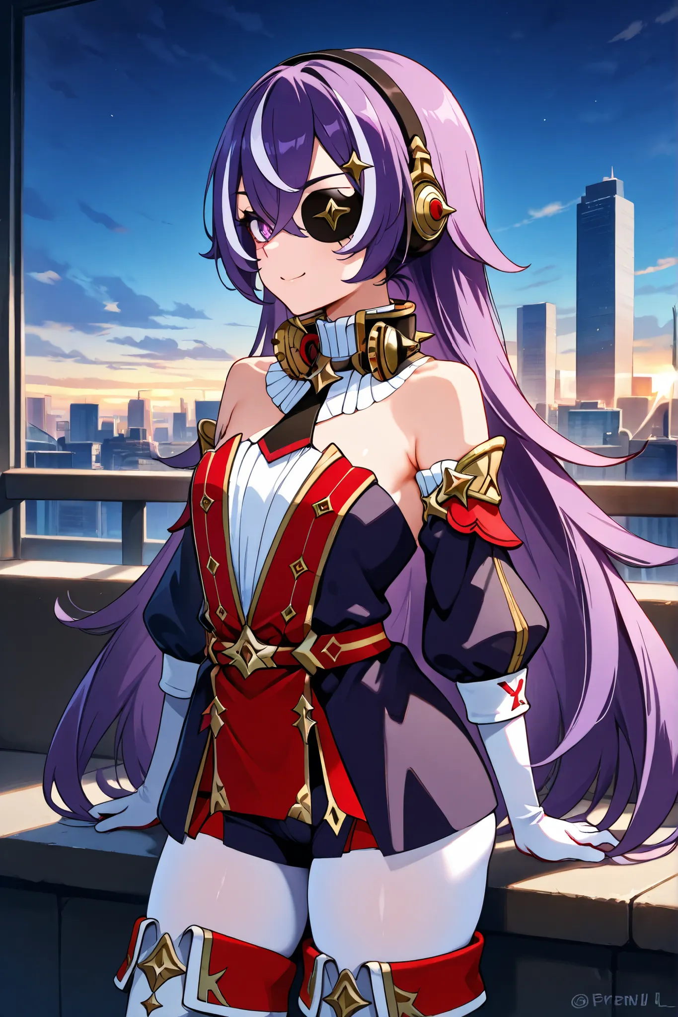 masterpiece, Top quality, solo, Curvy, beautiful eyes,, zzChevreuse, PURPLE EYES, hair between the eyes, Long Hair, multicolored hair, purple hair, striped hair, white hair, has, earmuffs, eye patch, bare shoulder, Gold trim, 黒 Butt under pants, Butt under...