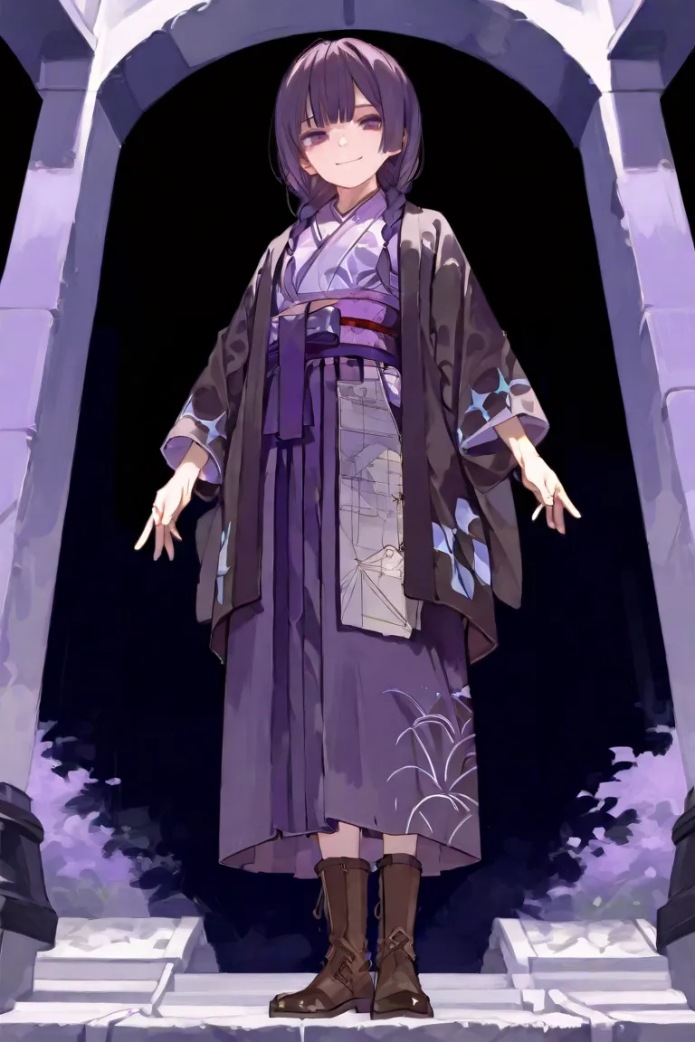 1 girl、Standing、Low Angle、Full Body Map、early 、Petite、 Slim、dark haired、Princess Cut、2 braids、purple eyes、light purple kimono、Dark purple hakama、Black Haori、brown boots、SMILING、Two black beanbags are placed on both palms、masterpiece、Top quality