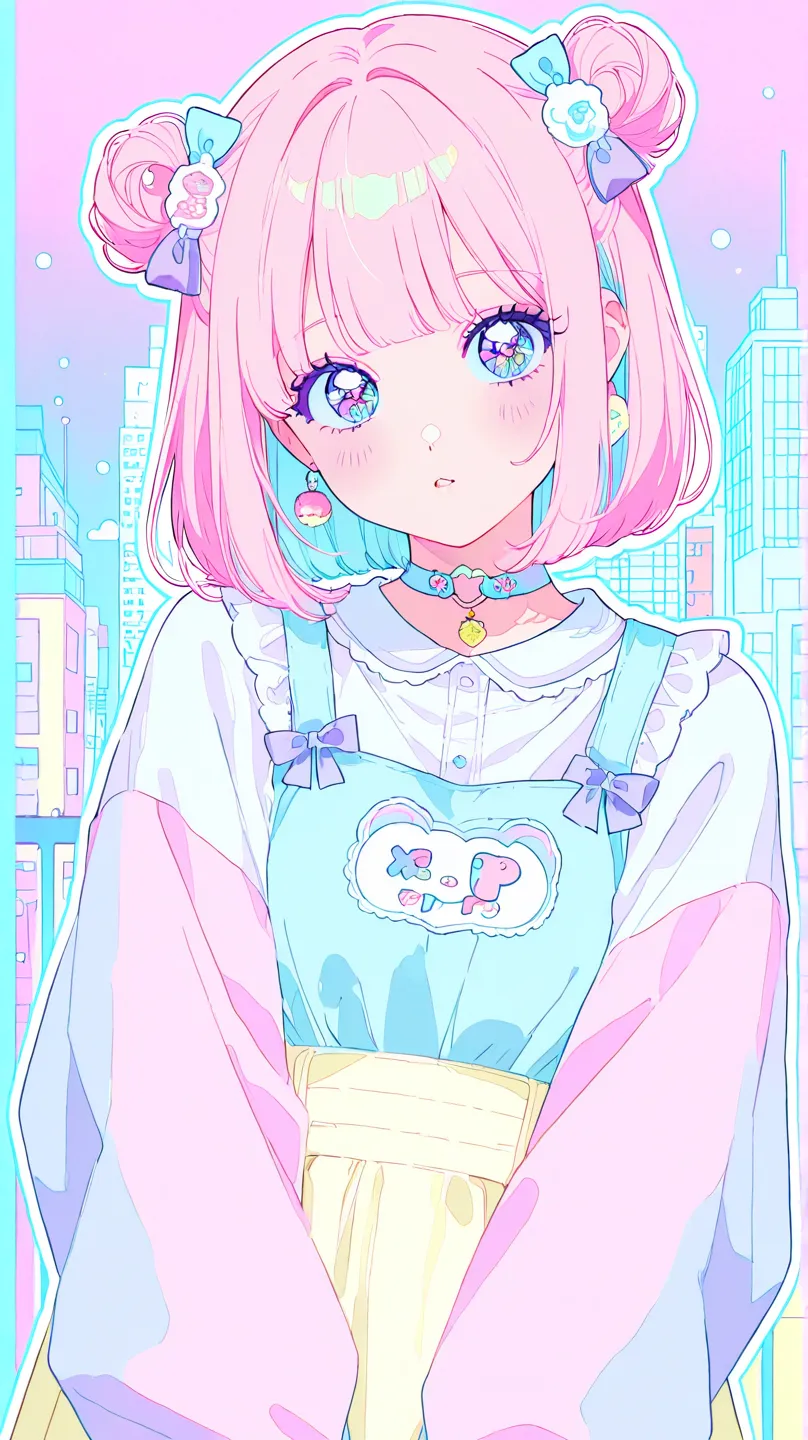 1girl- masterpiece 
,cute aesthetic style, cute style, aesthetic, soft colors, pastel colors, kawaii style, kawaii pastel, cute forms, kawaii accessories, big eyes, cute eyes, retro style, colored lineart, colored outline, citypop, detailed clothes,zumizumi1254