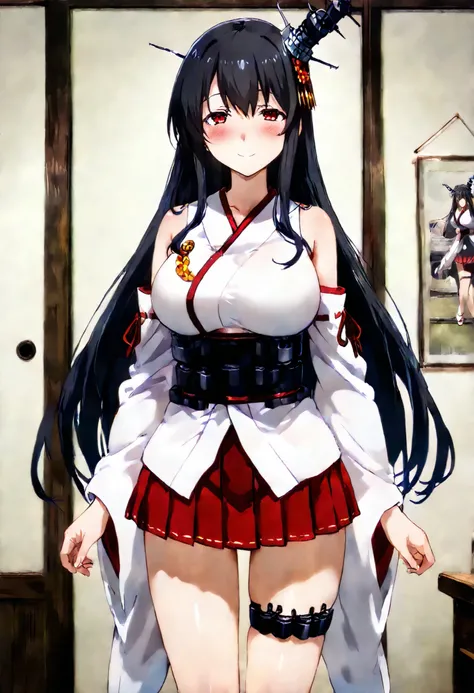 Fusou (Kantai Collection))  
one girl, solos, Disgusting Smile,   false smile, detailed skin, Blush, 
fusou-kc, red eyes, long hair, black hair, hair ornament, headgear, fusou-n-kc, japanese clothes, nontraditional miko, bare shoulders, fusou-sleeves, deta...