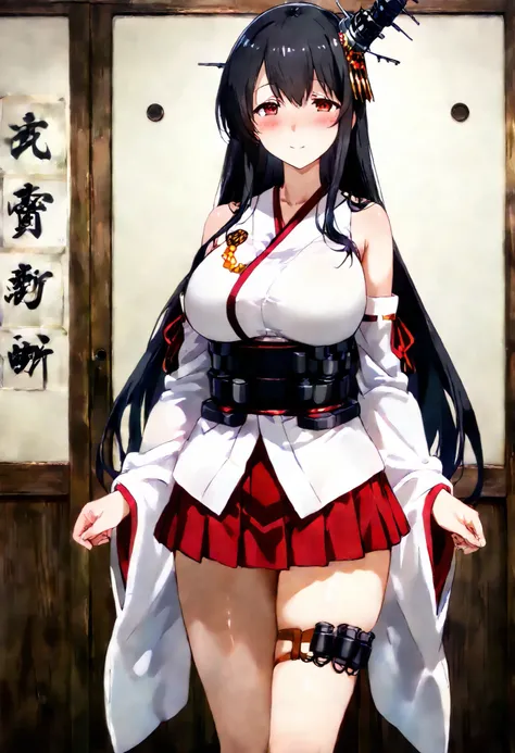 Fusou (Kantai Collection))  
one girl, solos, Disgusting Smile,   false smile, detailed skin, Blush, 
fusou-kc, red eyes, long hair, black hair, hair ornament, headgear, fusou-n-kc, japanese clothes, nontraditional miko, bare shoulders, fusou-sleeves, deta...