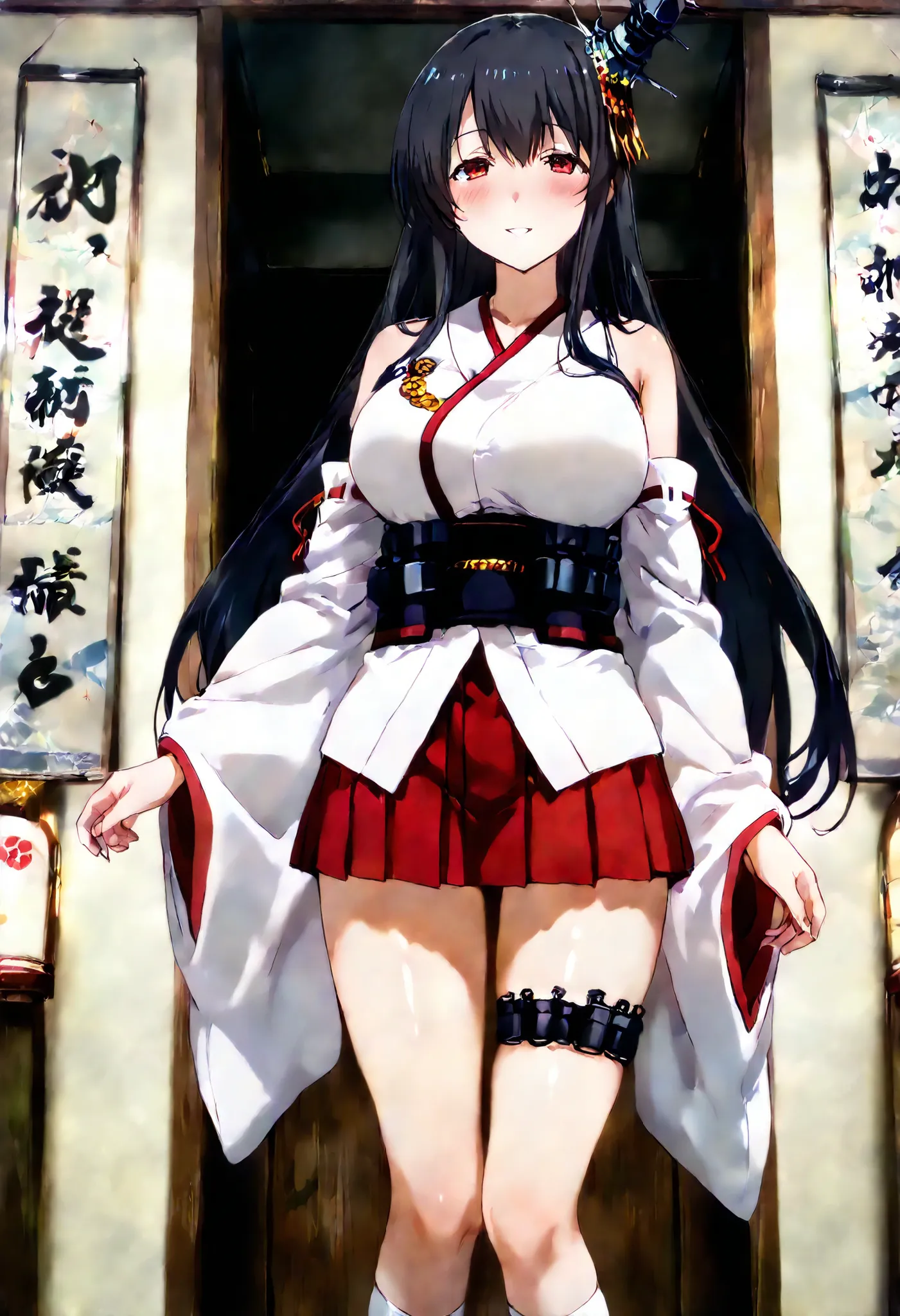 Fusou (Kantai Collection))
one girl, solos, Disgusting Smile, false smile, detailed skin, Blush,
fusou-kc, red eyes, long hair, black hair, hair ornament, headgear, fusou-n-kc, japanese clothes, nontraditional miko, bare shoulders, fusou-sleeves, deta...