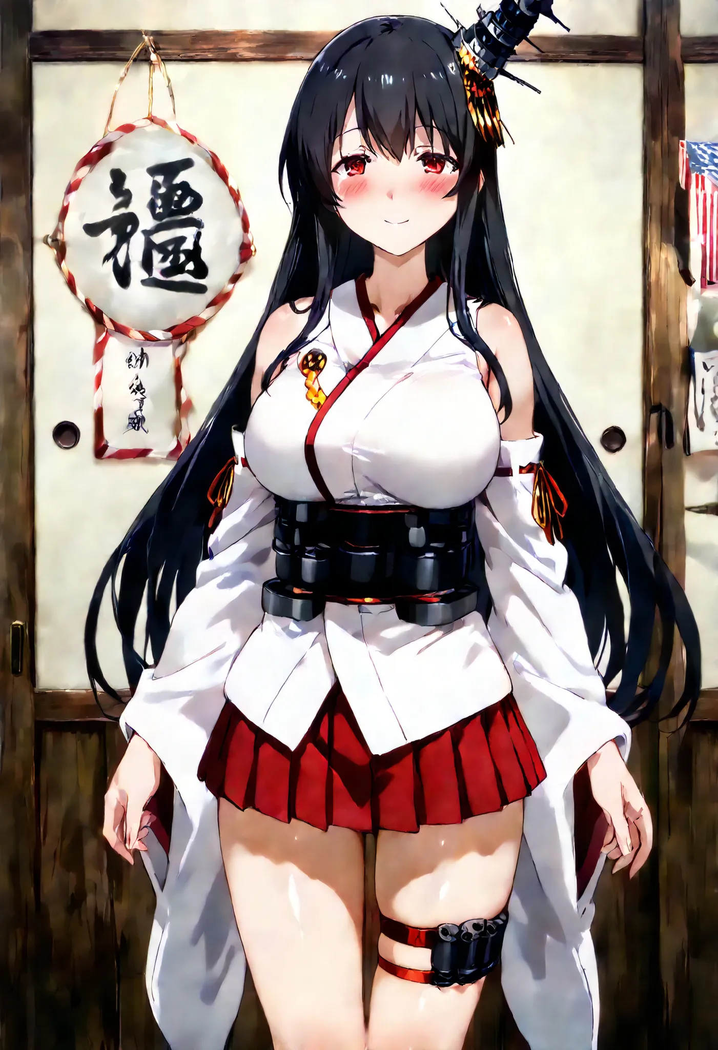 Fusou (Kantai Collection))
one girl, solos, Disgusting Smile, false smile, detailed skin, Blush,
fusou-kc, red eyes, long hair, black hair, hair ornament, headgear, fusou-n-kc, japanese clothes, nontraditional miko, bare shoulders, fusou-sleeves, deta...