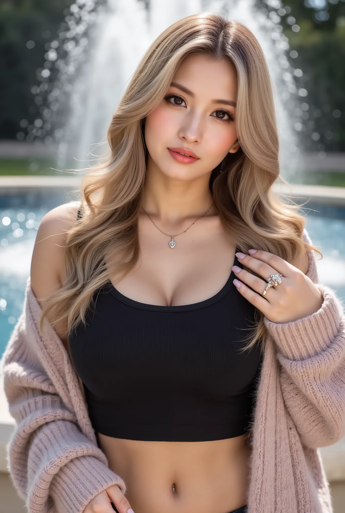Cool Beauty, blonde, shiny, silky, wavy long hair,passionate and explicit, charming eyes, Transcendental Style , Big breasts:Gcap,necklace,piercings,decoration nail,ring,I'm wearing a wide black crop top with shoulders and an oversized knit, fluffy, girly ...