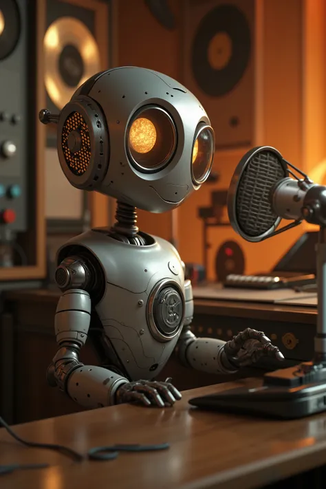 A silver retro-style condenser microphone robot with arms and legs, sitting in front of a vintage desk in a cozy soundproofed studio, broadcasting a podcast. The robot has expressive mechanical eyes and is speaking into another small mic. Background includ...