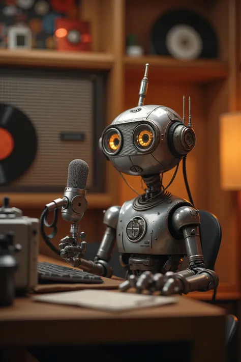 A silver retro-style condenser microphone robot with arms and legs, sitting in front of a vintage desk in a cozy soundproofed studio, broadcasting a podcast. The robot has expressive mechanical eyes and is speaking into another small mic. Background includ...