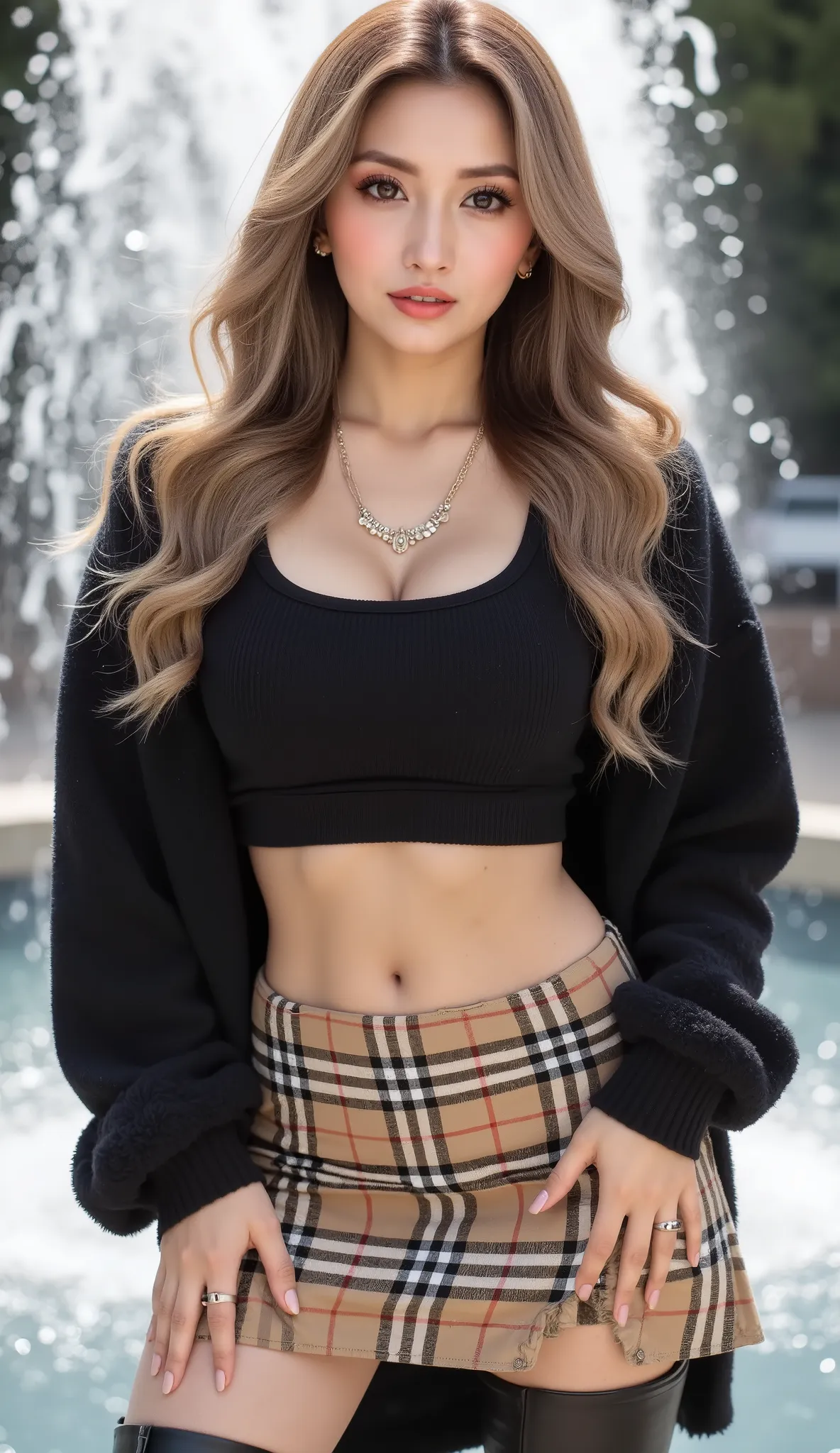 Cool Beauty, blonde, shiny, silky, wavy long hair,passionate and explicit, charming eyes, Transcendental Style , Big breasts:Gcap,necklace,piercings,decoration nail,ring,I'm wearing a wide black crop top with shoulders and an oversized knit, fluffy, girly ...